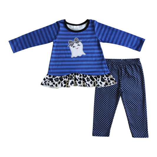 girl's clothes set boo print blue stripe dots leggings outfit for Halloween