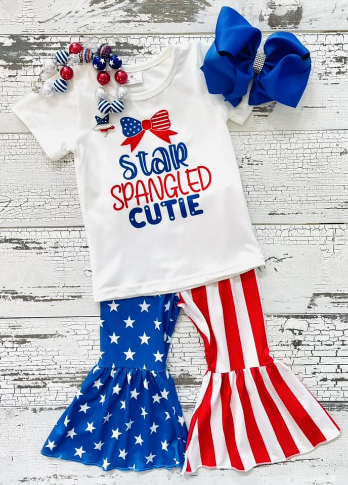 girl's outfit blue white red 4th of july pants set girl
