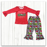 red grinchey ruffle pants set