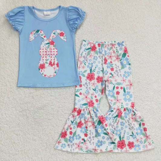 blue cute easter bunny floral bell bottom pants set