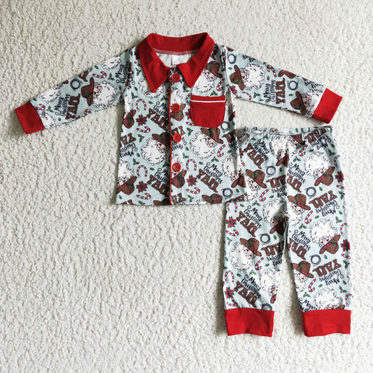 merry christmas western cowboy santa button pajama set