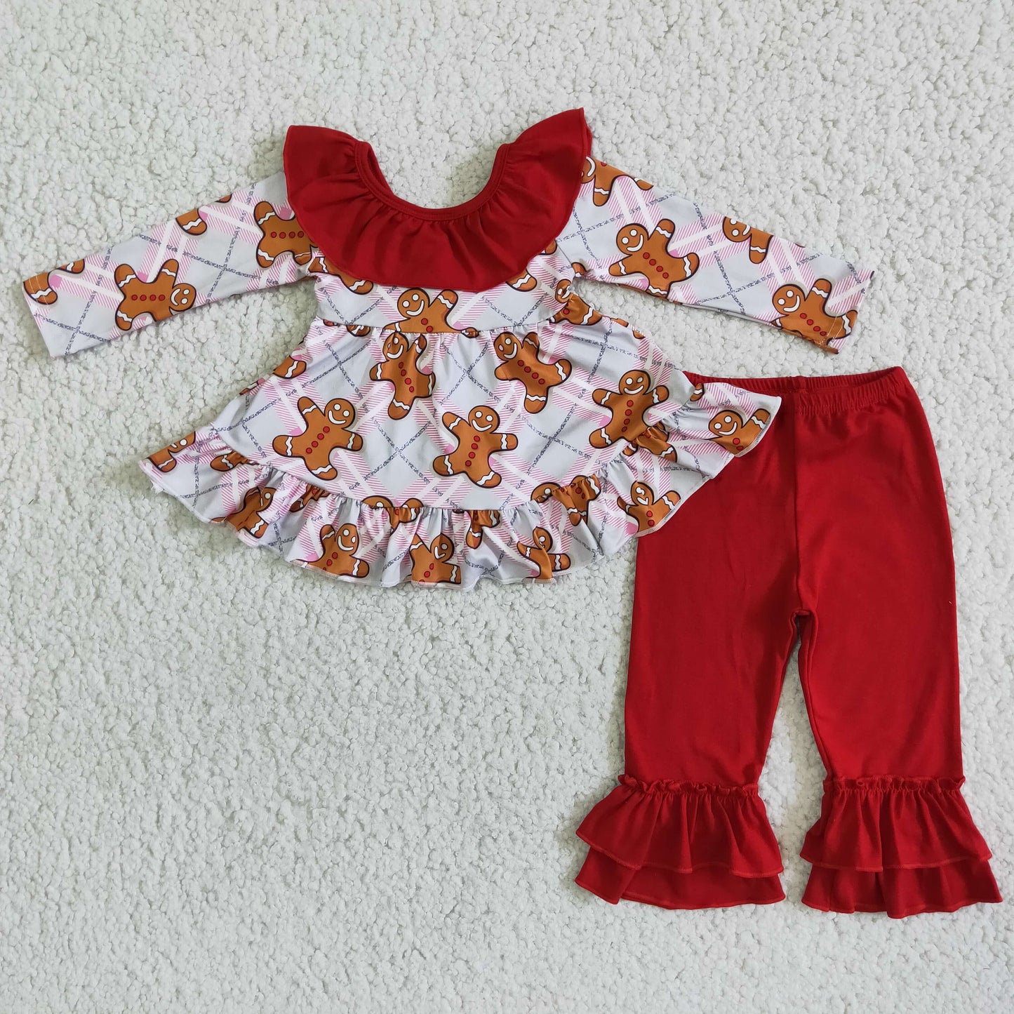 Red Gingerbread Ruffle Pants Set for Christmas