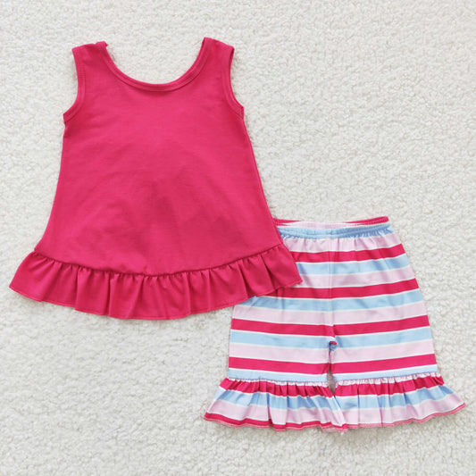 girl summer cotton hot pink stripe ruffle shorts set