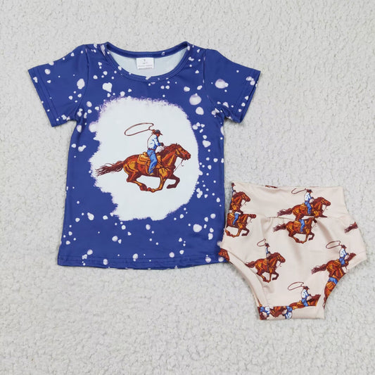 infant clothes blue rodeo horse bummie set