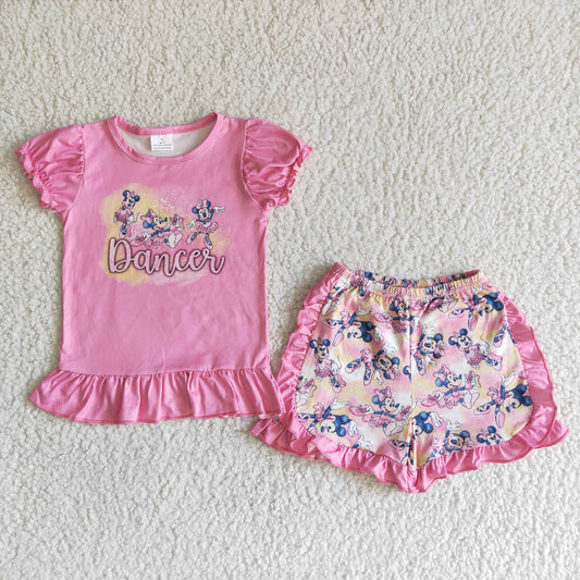 cartoon mouse dance pink ruffle shorts set girl summer outfit