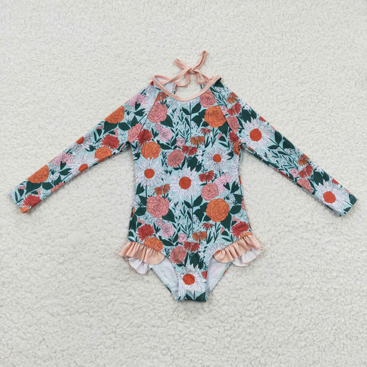 kids little girl long-sleeved floral swimsuit