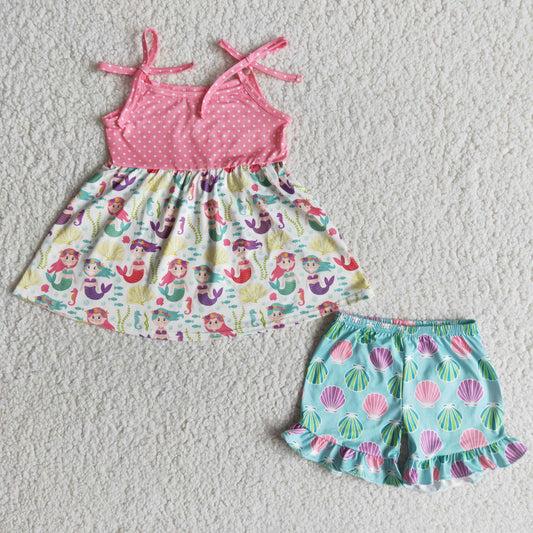 girls summer strap mermaid shell shorts set