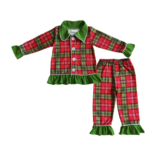 green red plaid ruffle pajamas with button christamas pajamas for girls