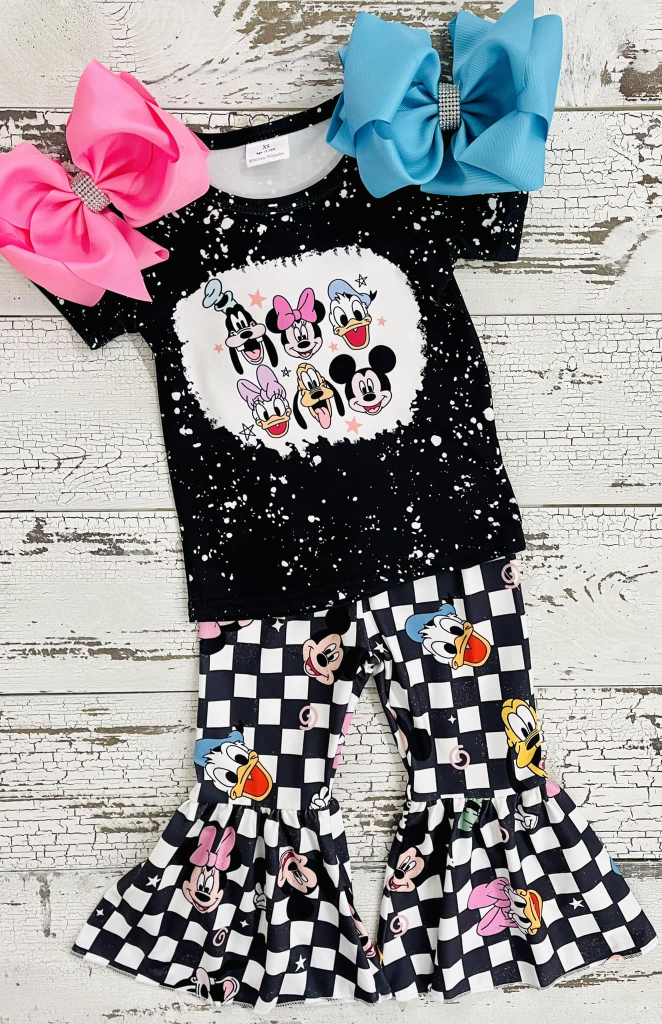 black white checked belles set with cartoon print