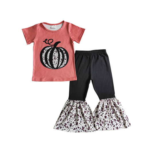 fall short sleeve leopard pumpkin print black bell clothing set for girl