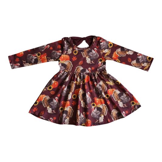 thanksgiving girl long sleeve pumpkin turkey bow dress