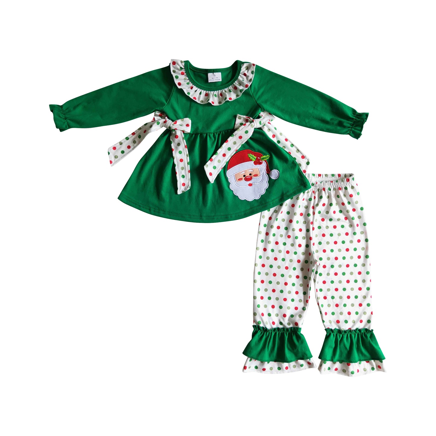 Christmas embroidery outfit green dress top dots ruffle pants set girl's clothes