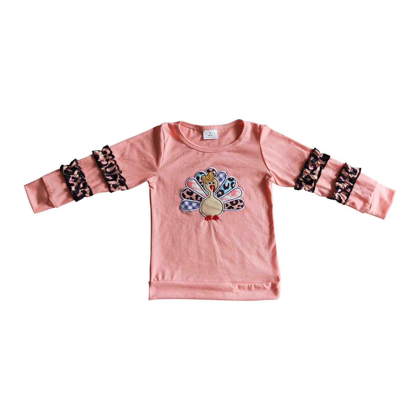 pink turkey embroidery ruffle sleeve sweater shirt girl's fall clothes