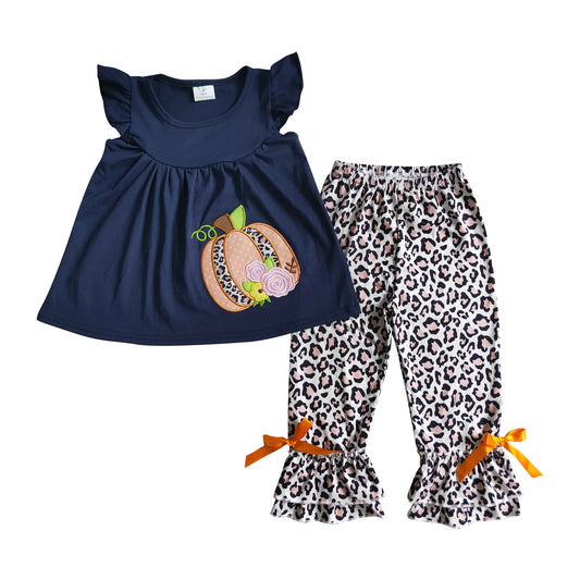 girl cotton pumpkin embroidery outfit leopard ruffle pants set