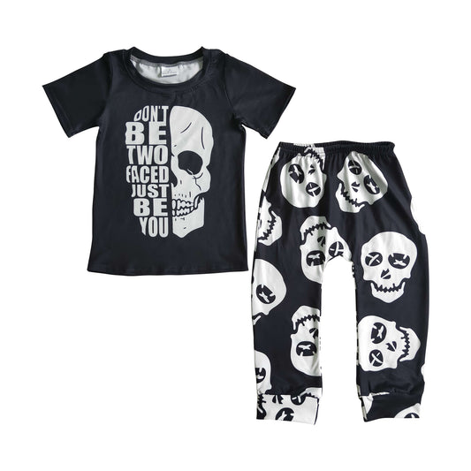 Halloween boy’s black short sleeve outfit bone