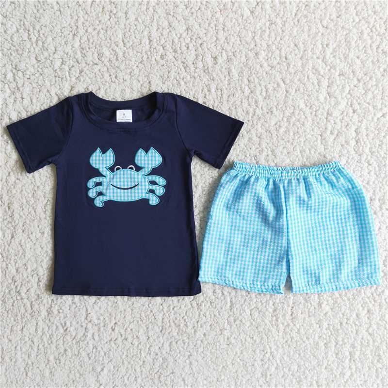 crab embroidery boy's summer outfit clothing