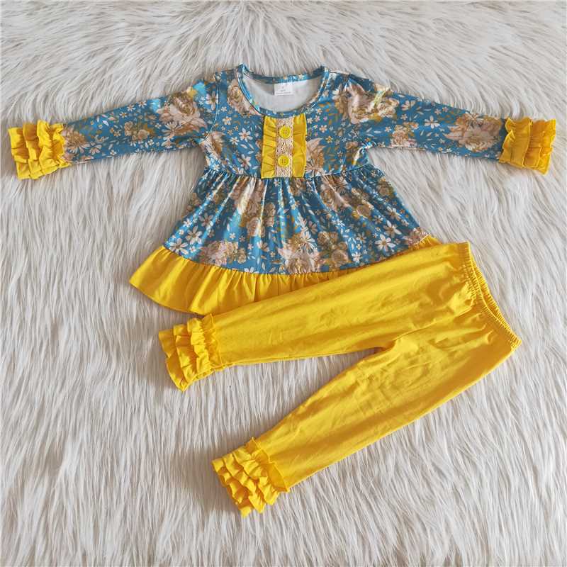 girl fall floral top solid mustard icing pants set