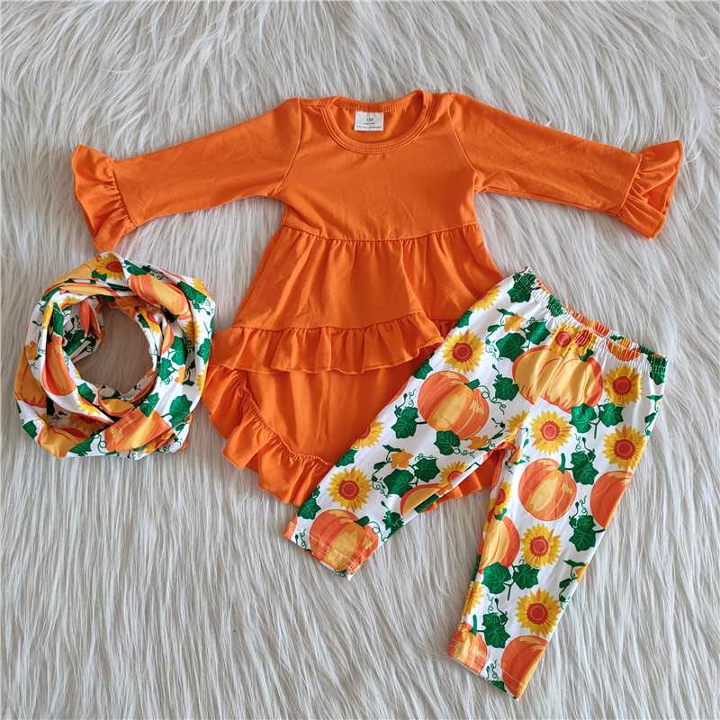 girl fall orange pumpkin legging scarf set