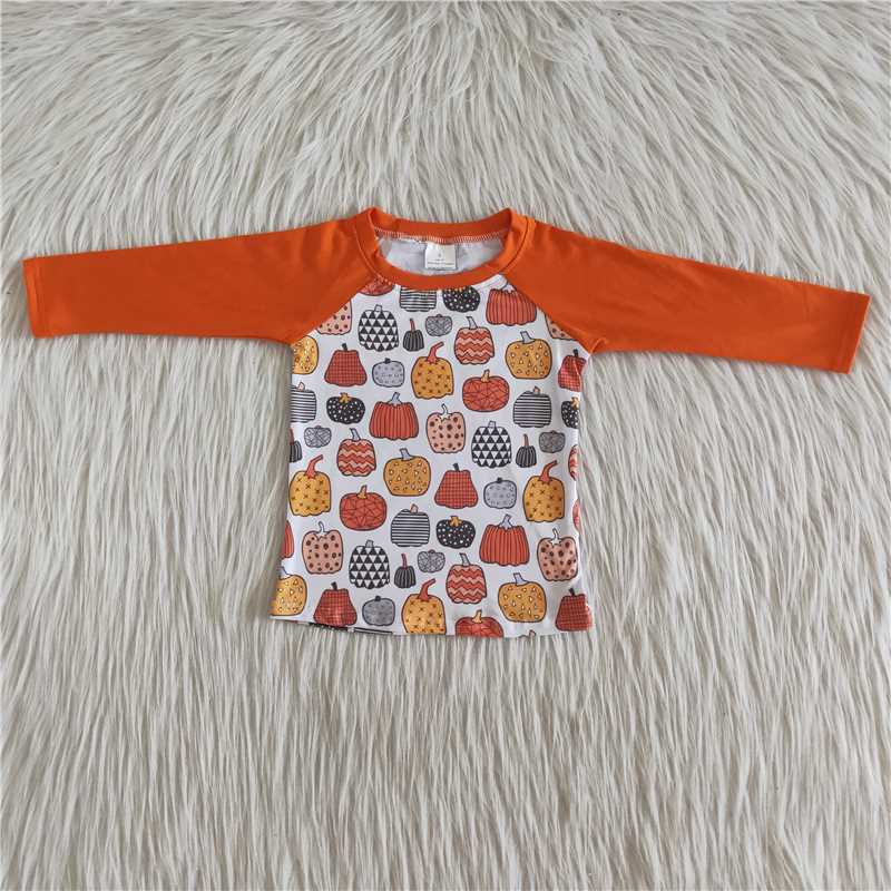Orange Long Sleeve Pumpkin Print Shirt Fall
