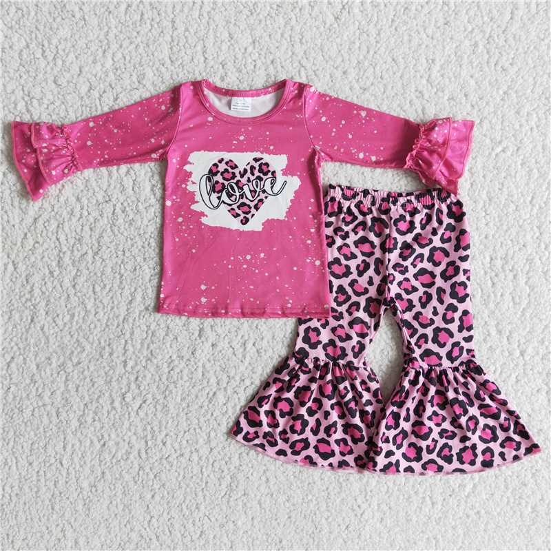 girl valentine love heart pink leopard pants set