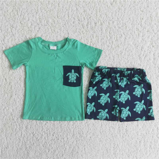 boy’s green tortoise shorts set outfit