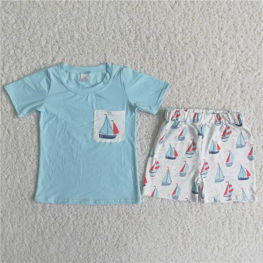 boy's outfit blue sailboat shorts clothing set