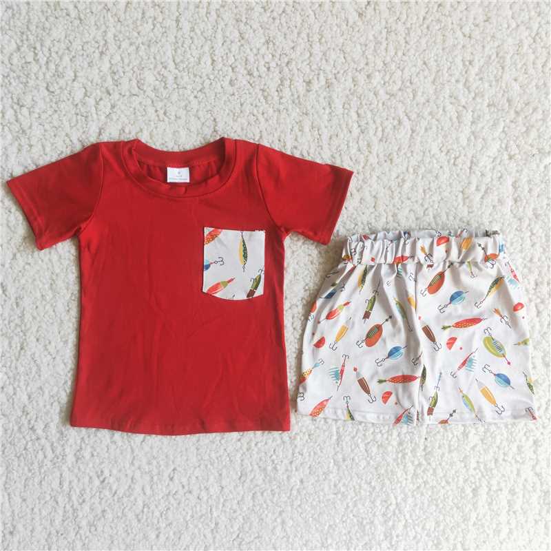 boy’s red fishing tool shorts set outfit summer
