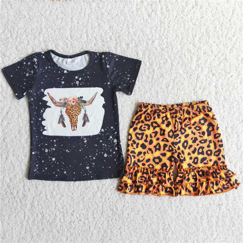 bull print leopard ruffle shorts set