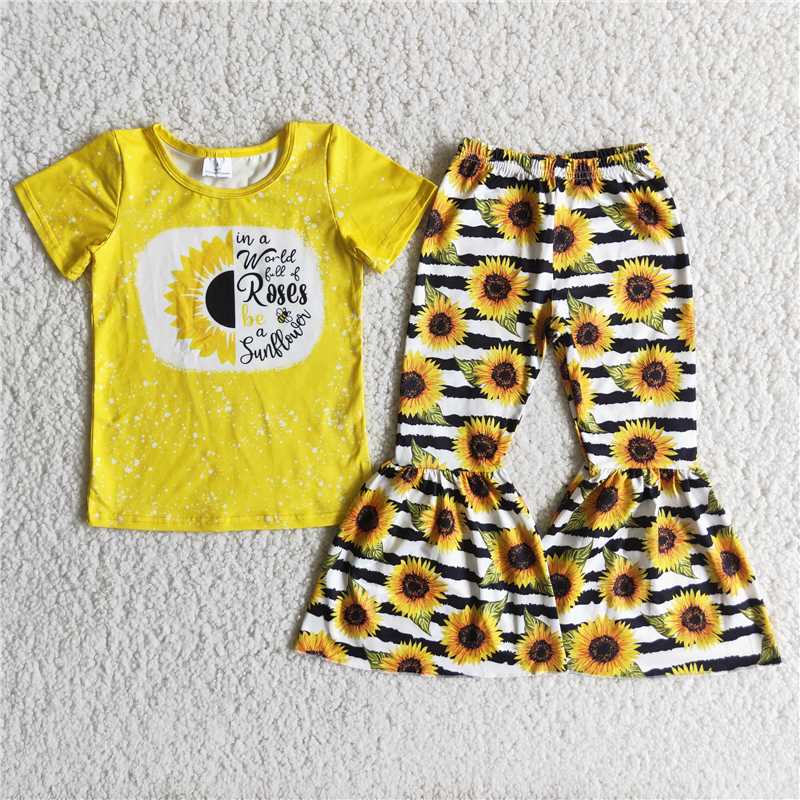 spring girl's outfit yellow sunflower pants set clothing