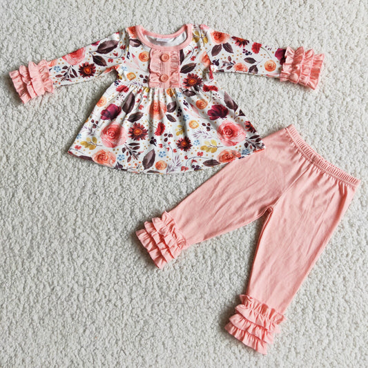 girl fall floral outfit pink icing pants set