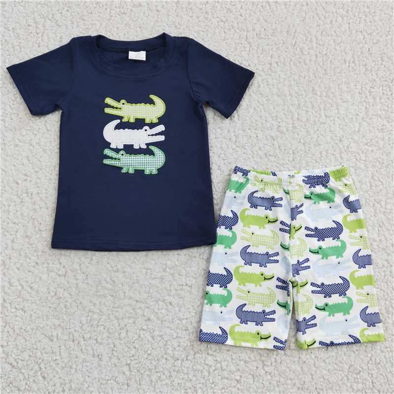 crocodile embroidery shorts set girl's summer sibling clothing