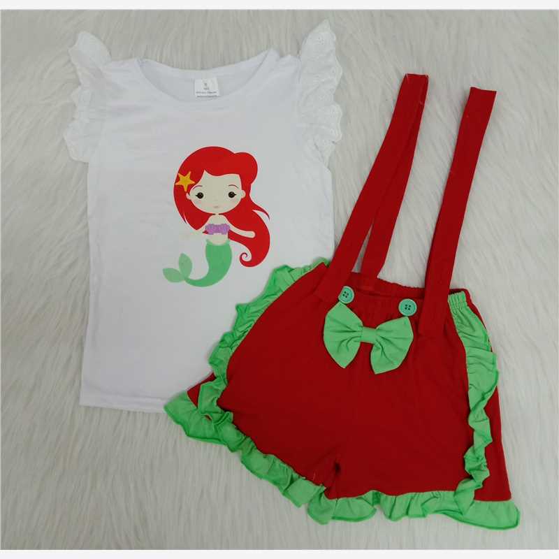 mermaid print red overall shorts set