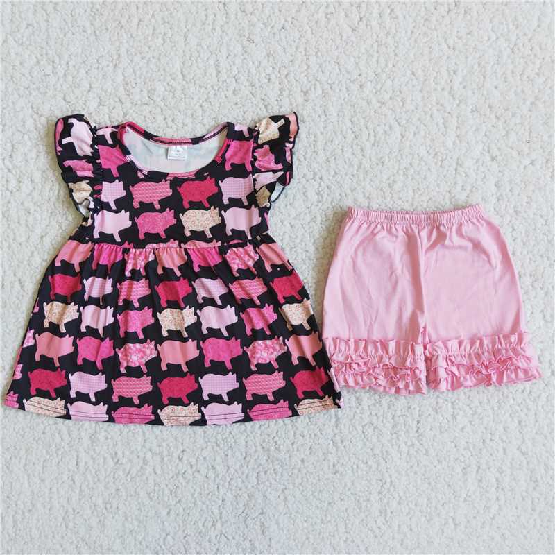 pig print pink ruffle shorts set