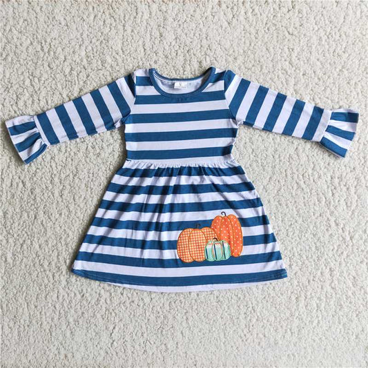 Fall Cotton Pumpkin Embroidery Stripe Dress