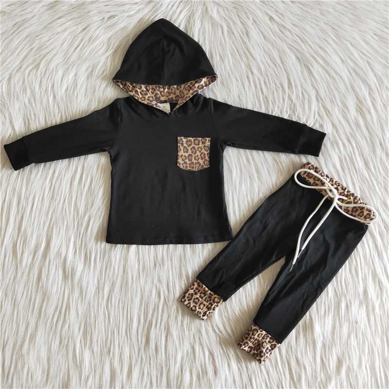 Cotton Black Brown Leopard Hoodie Set