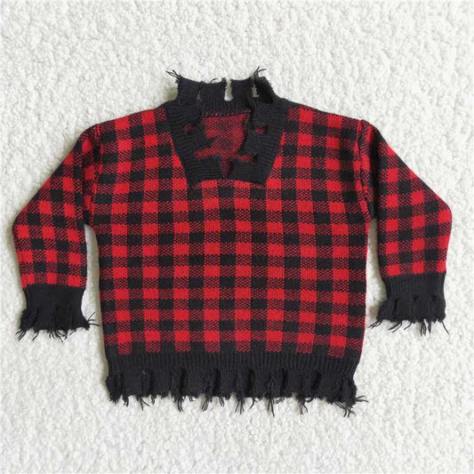 Red Black Plaid Sweater Coat V-neck