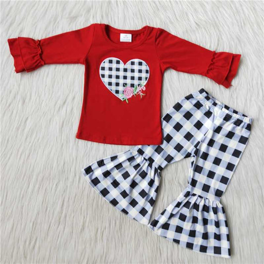 Red Plaid Heart Embrodiery Top Grey Checked Bells Outfit