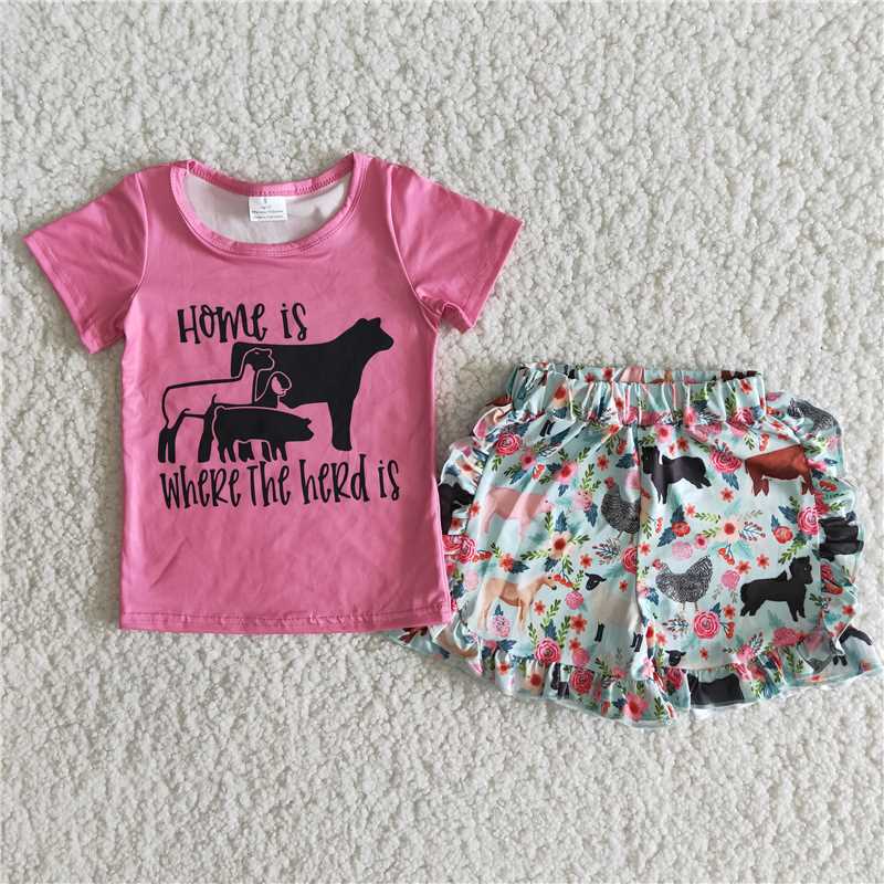 girl summer outfit farm animal ruffle shorts set pink