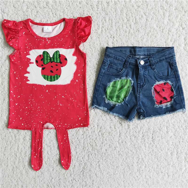 kids watermelon denim shorts set girl's outfit summer