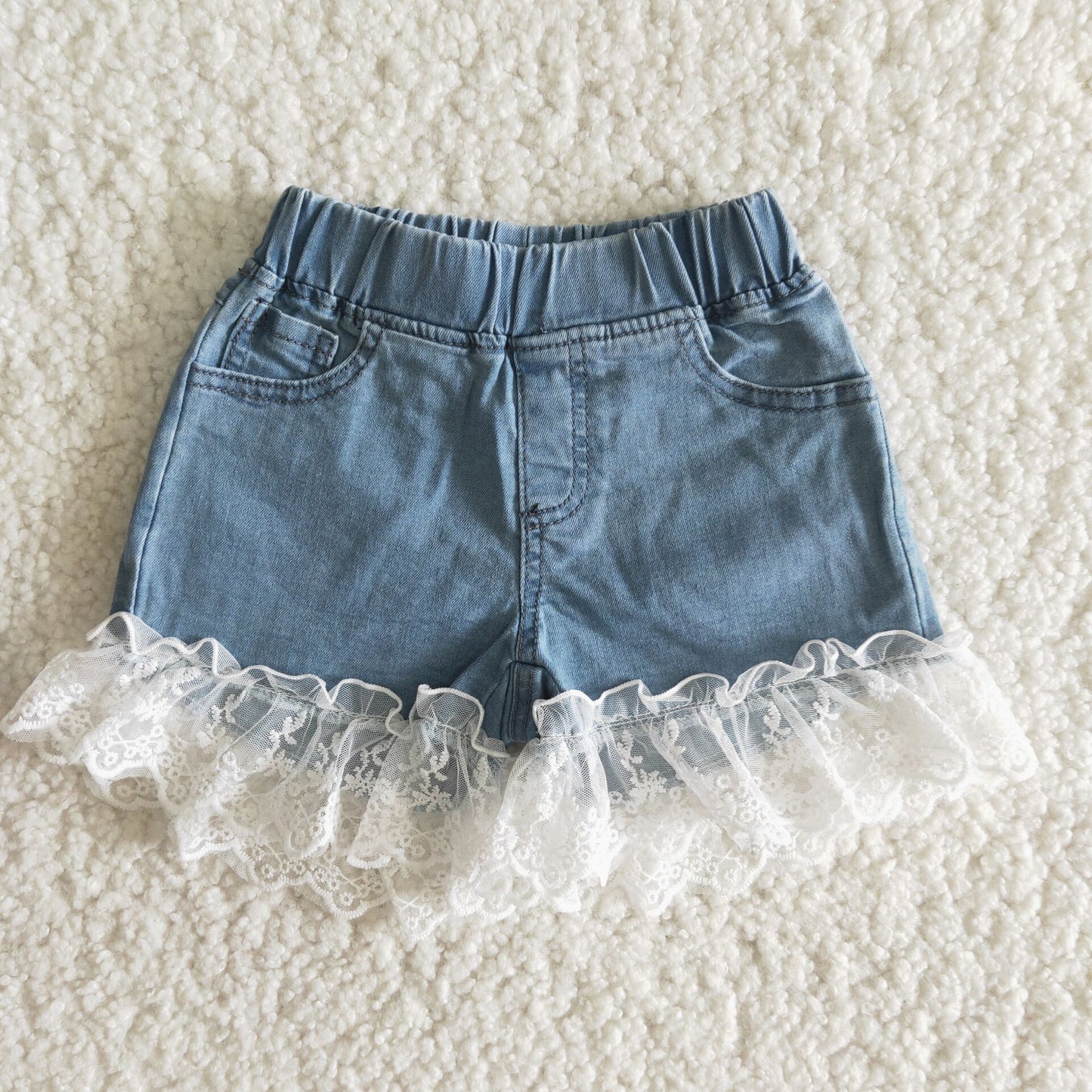 blue denim shorts with lace ruffle