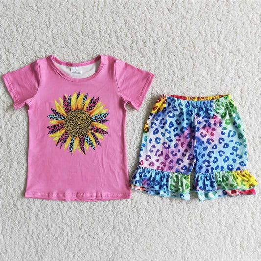 sunflower print rainbow leopard shorts set