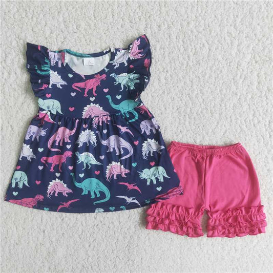 dinosaur set ruffle shorts set girl’s outfit
