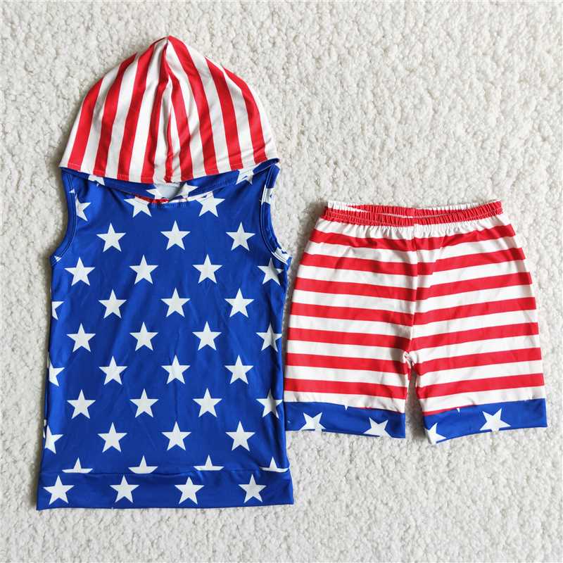 stripes and stars 4th of july boy hoodie shorts outfit