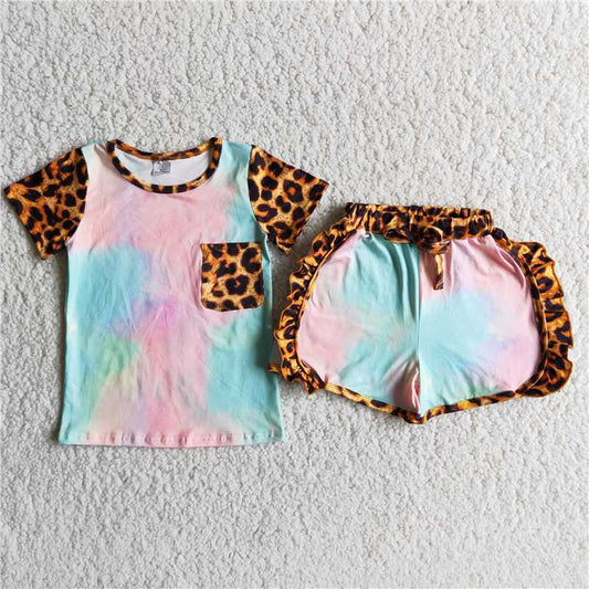 tie dye leopard shorts set girl’s outfit D9-27