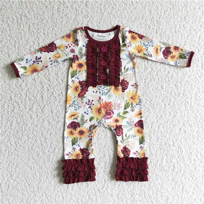 fall girl maroon floral ruffle romper