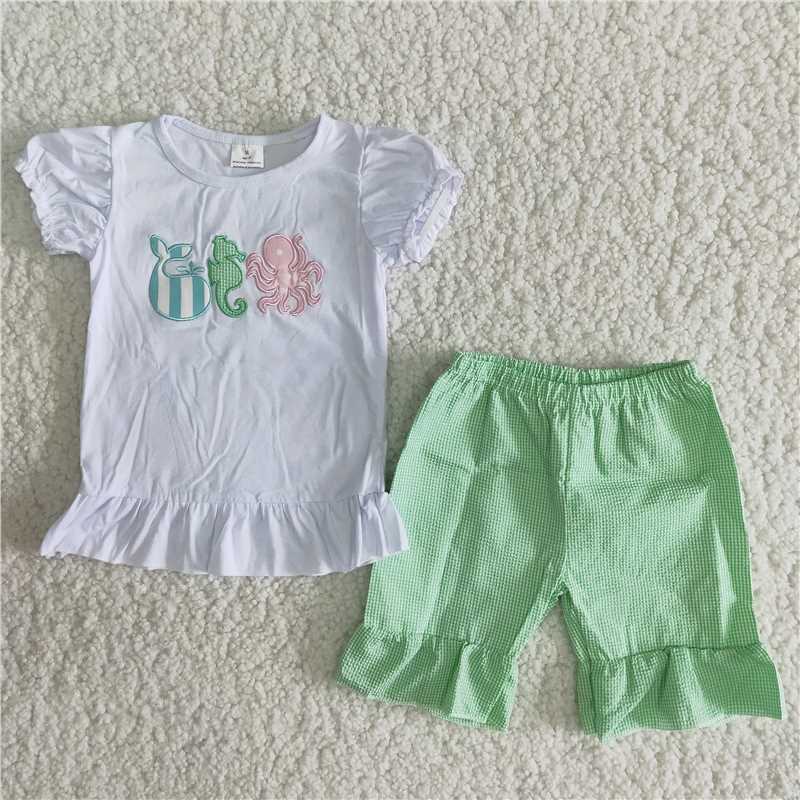 girl's outfit sea animal embroidery shorts set