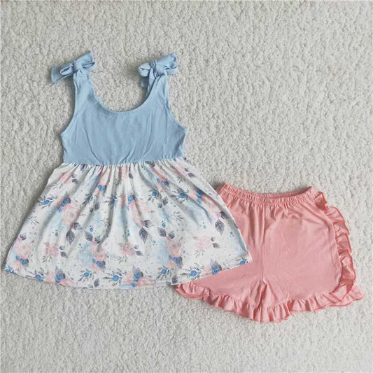 strap floral tunic pink ruffle shorts set girl summer clothing