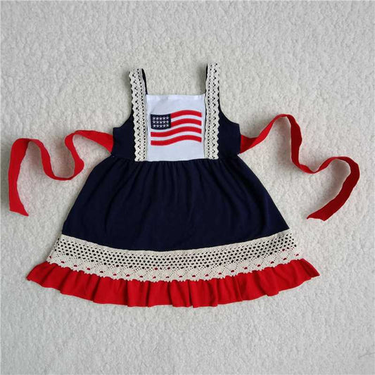 sleeveless flag embroidery blue red dress with sash
