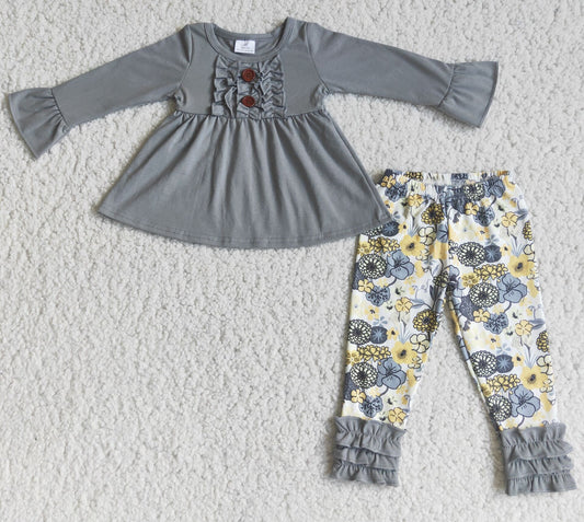 Grey Floral Ruffle Pants Set