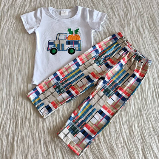 White Shirt Pumpkin Truck Embroidery Pants Set